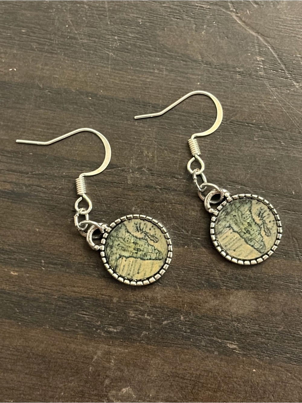 Silver-Tone Map Drop Earrings in Green and Beige